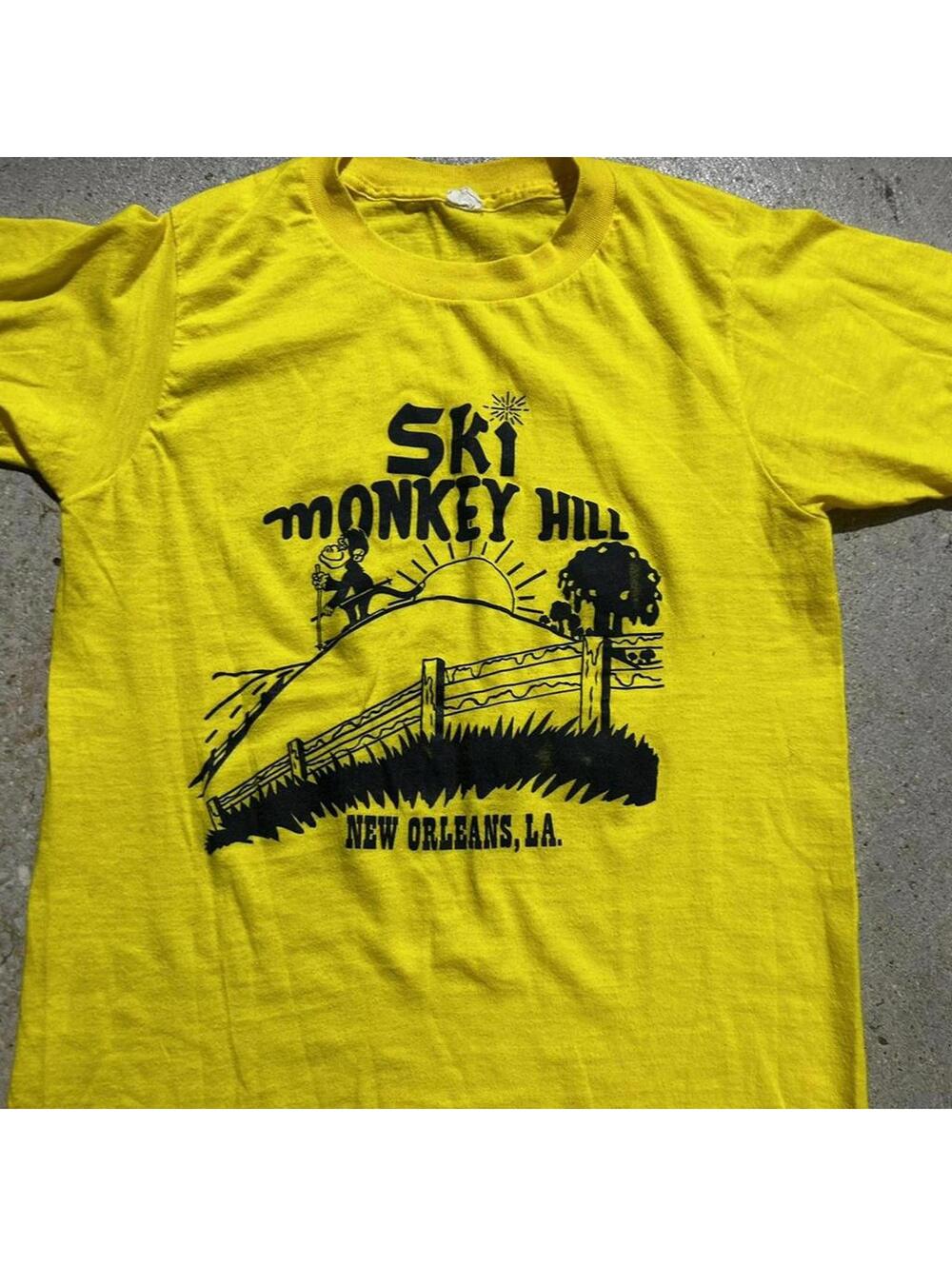Yellow vintage 80s Ski Monkey Hill New Orleans Louisiana tee